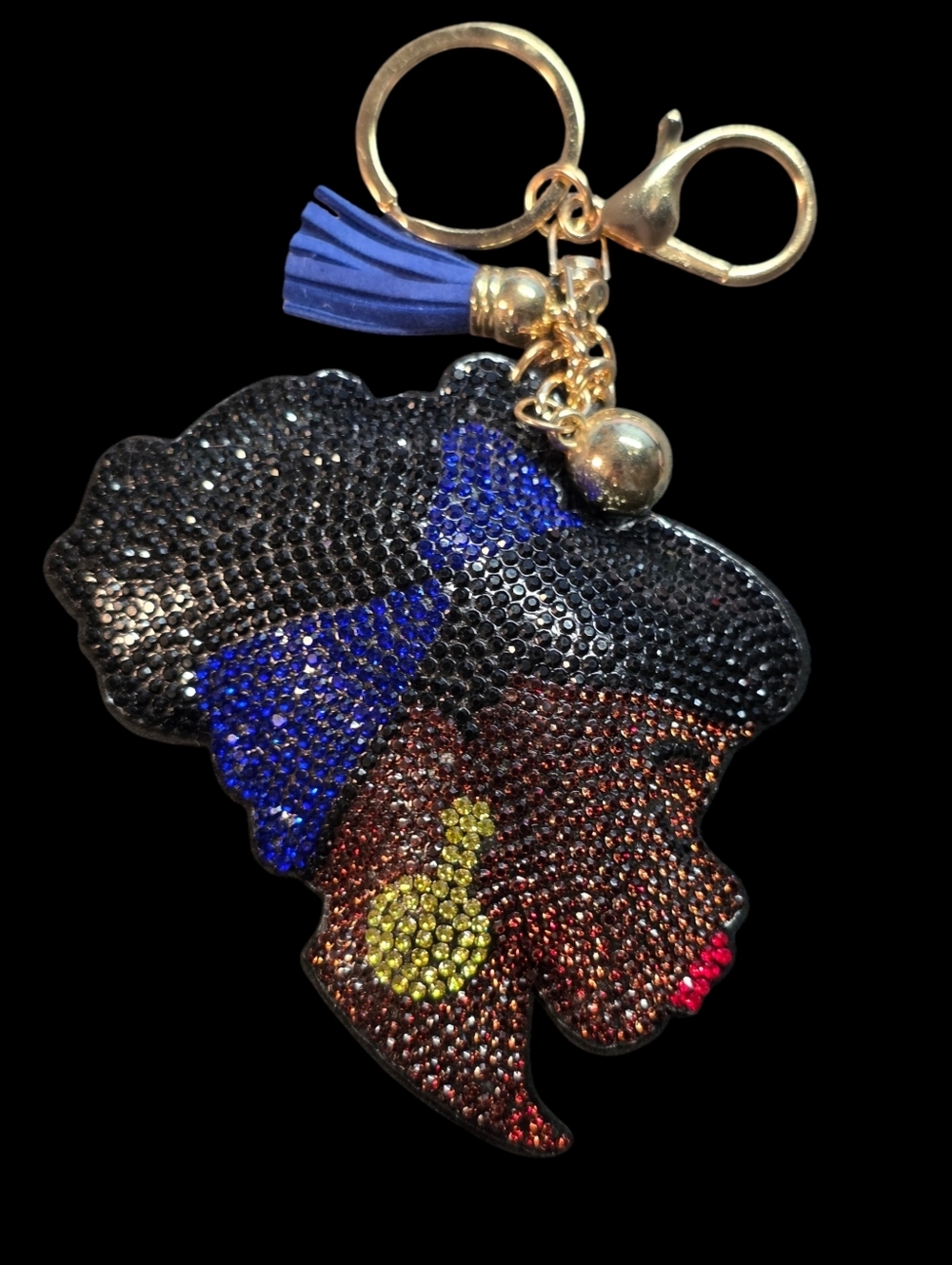 Rhinestone Black Girl Silhouette Keychain with Blue Tassel